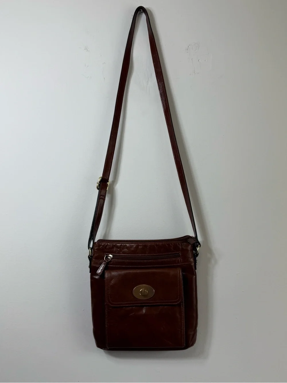 Giani Bernini Cognac Leather Crossbody Bag Turnlock Everyday Minimalist
